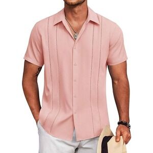 Mens Guayabera Shirt Casual Button Down Short Sleeve Summer Cuban Pink Size 3XL‎